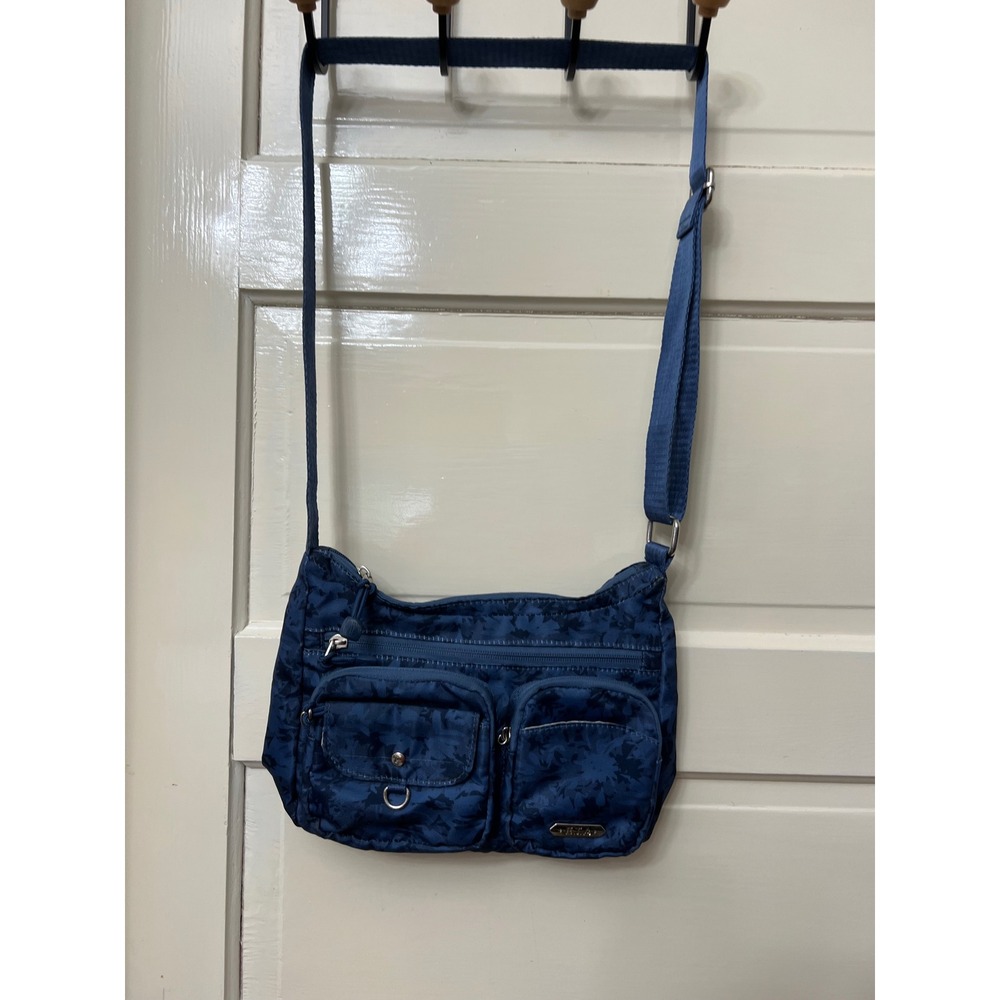 E.T.A. Blue Floral Camo Nylon Crossbody Soho Bag Multi Pocket Travel Organizer